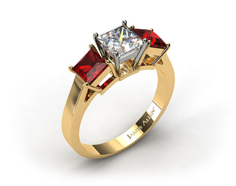 18k Yellow Gold Three Stone Princess Shaped Ruby Engagement Ring